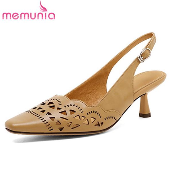 

sandals memunia 2021 vintage single shoes women square toe hollow out buckle thin high heels genuine leather, Black