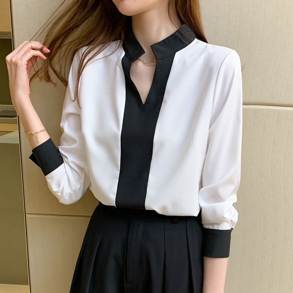 

sweater chiffon women v-neck contrast color design ol commuter shirt long sleeve white blouse plus size, White;black