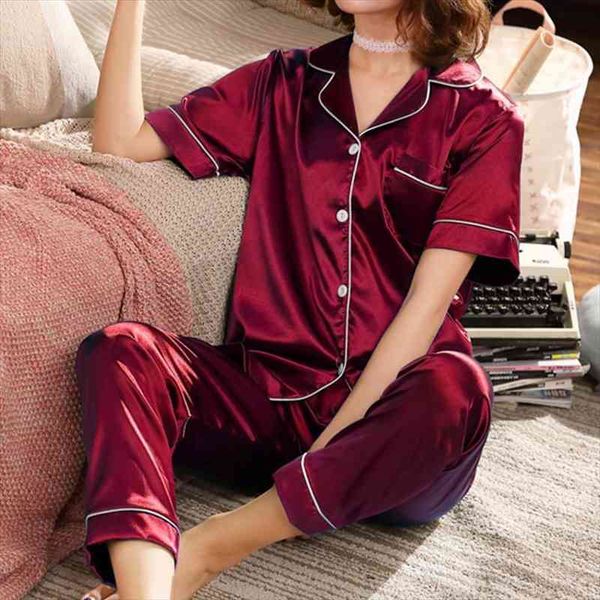 

short sleeve silk pajamas spring womens sleepwears summer pajama sets pyjamas plus size 3xl 4xl 5xl nightwear set, Black;red