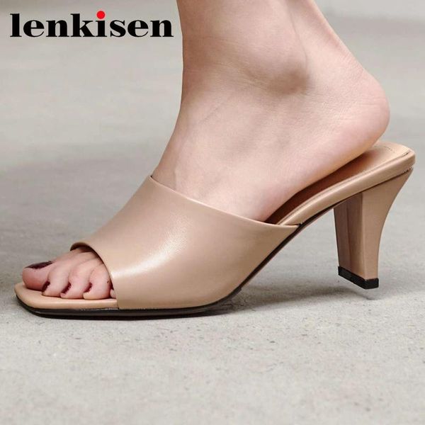 

dress shoes lenkisen genuine leather peep toe strange high heels solid gladiator beauty lady daily wear casual slip on sandals women l20, Black