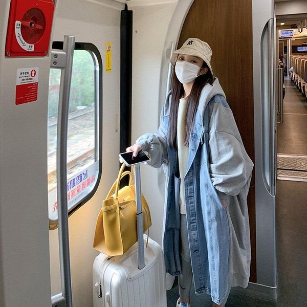 

women's jackets women single-breasted denim stitching hooded jacket female loose long-sleeved casual mid-length outerear vintage jean d, Black;brown