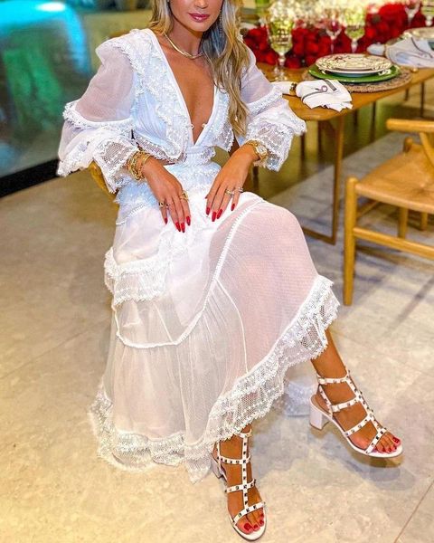 

casual dresses long sleeve bohemian dress women 2021 summer autumn puff v neck hollow out lace ruffle maxi eleagnt female, Black;gray