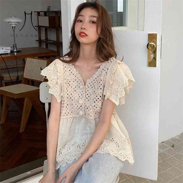 

summer shirts women fashion lace hollow out shirts v-neck tees female clothing cute sweet blouse 210517, White
