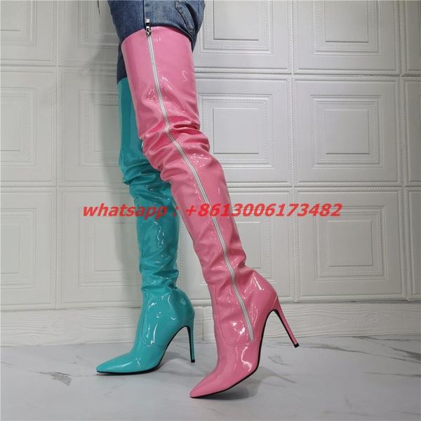 

boots lady double candy color over knee thigh high pointed toe heel woman pink blue match, Black