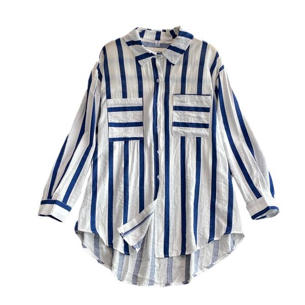 

women's polos mid-length vertical stripes shirt jacket women 2021 spring and autumn korean casual loose lapel long sleeves, White