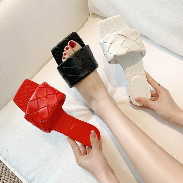 

design slippers weave leather women sandal open toe flat casual slides summer outdoor beach female ladies flip flops sandals, Black