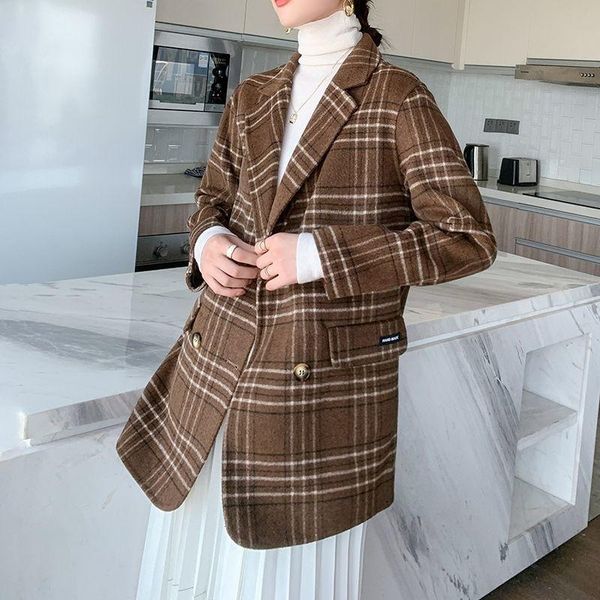 

women's wool & blends 2021 autumn and winter double-sided coat women's high-end 100% pure merino thick warm plaid, Black
