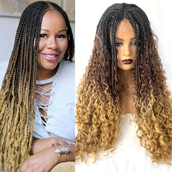 

ombre honey blonde brown black gradient color box crochet braid hair lace front wig braided synthetic braids wigs for women