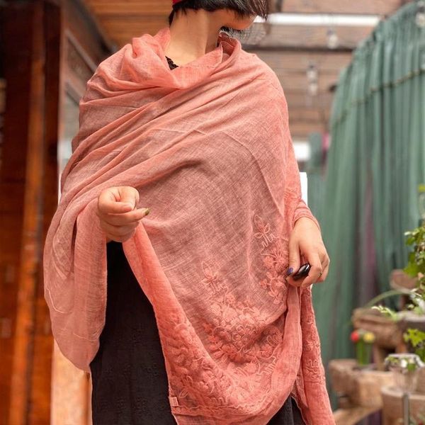 

johnature women 2021 winter embroidery vintage wraps flower loose poncho scarves feminine cotton, Blue;gray