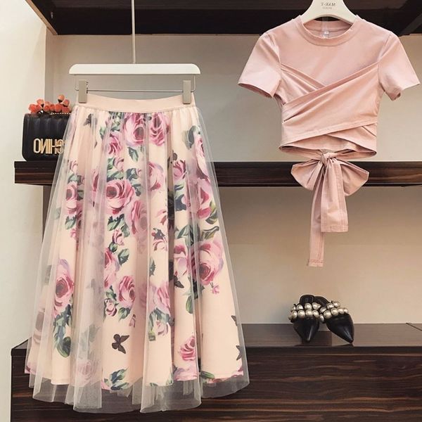 

dresses women irregular t shirt+mesh skirts suits bowknot solid vintage floral skirt sets elegant woman two piece set 7tem, White