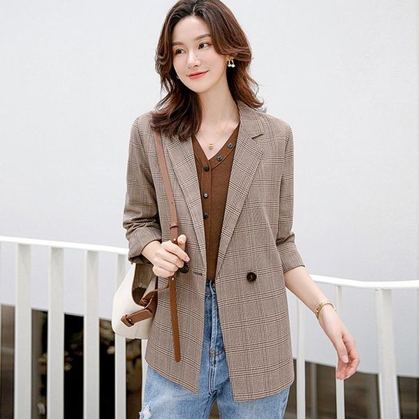 

women's suits & blazers women suit 65% polyester fabric single button casual retro long sleeves ladies plaid office style spring autumn, White;black