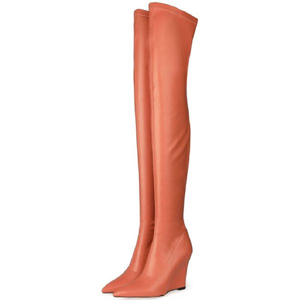

boots white over the knee women wedge heels thigh high pointed toe autumn stretch leather long stripper shoes female, Black