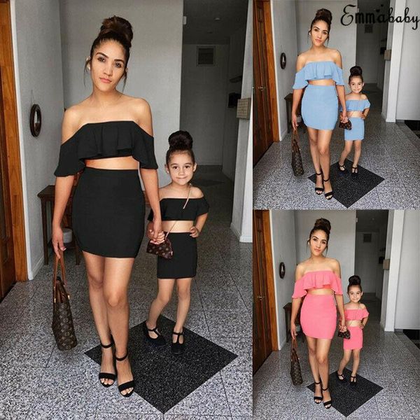 

family matching outfits 2021 look mom and girls clothes set mother daughter dress ruffle skirts, Blue