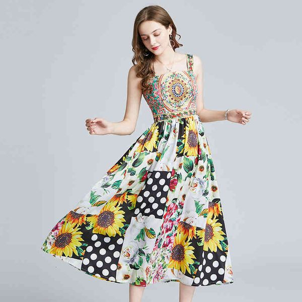 

casual dresses 2021 summer fashion runway holiday dress women spaghetti strap backless sunflower print patchwork beach boho party, Black;gray