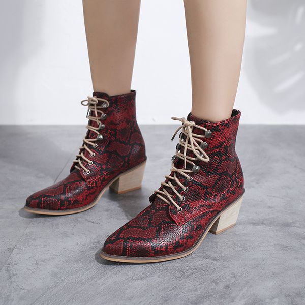 

414243 size european and american new independent station large size snake skin pattern high heel chunky heel womens boots thin belt dr. mar, Black