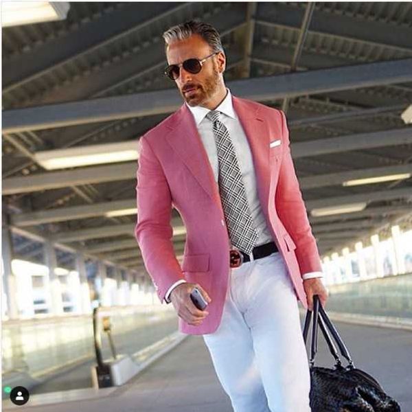 Hot Pink Suit Uomo Blazer Formale Abito da uomo con pantaloni bianchi Smart Casual Business Terno Slim Fit Tuxedo Coat Jacket Costume Homme X0909