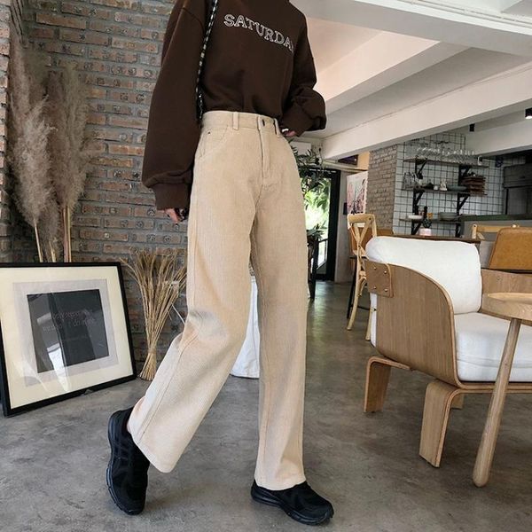 

women's jeans pants women korean spring loose vintage straight corduroy high waist button long trousers female baggy wide-leg 2021, Blue