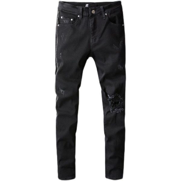 

men's jeans male high street fashion brand autumn style black rivet border ripped stretch slim feet denim pants 801, Blue