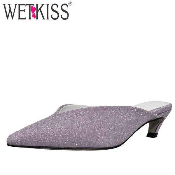 

wetkiss thin heels slippers women pointed toe footwear glitter slides shoes female mules bling shoes woman summer 210630, Black