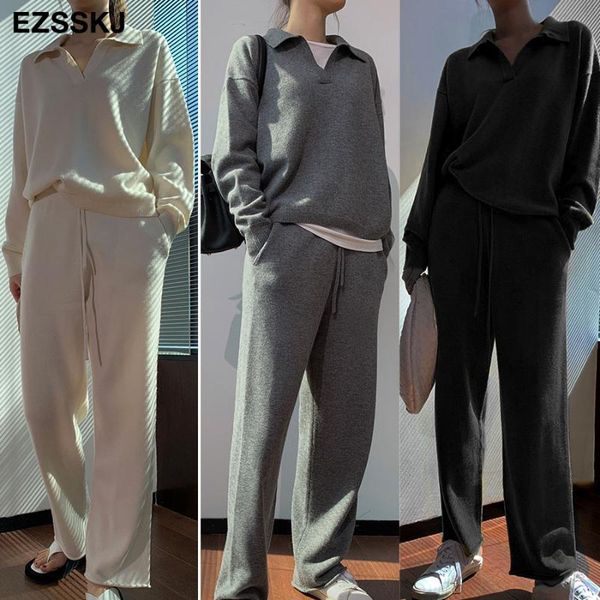 

women's two piece pants 2 pieces set women oversize tracksuit collar sweater pullover straight chic knitted outwear suit, White