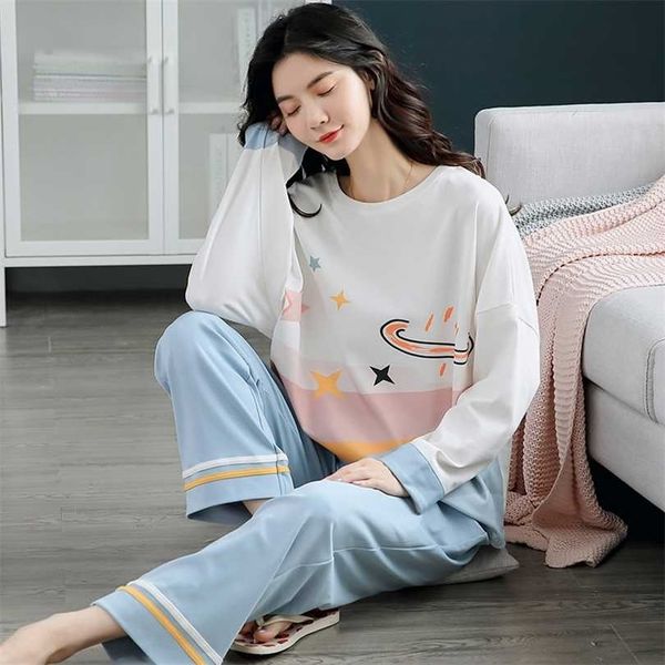 

autumn winter cotton cartoon pajamas set women pyjamas homewear long sleeve sleepwear plus size loose night suit female pijama 211215, Black;red