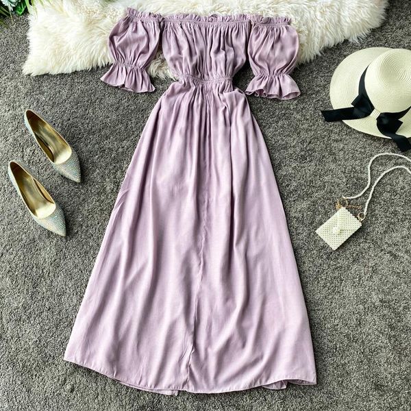 

off shoulder lantern sleeve split holiday soft wind purple long dress bra skirt wrap chest retro solid short women's swimwear, White;black
