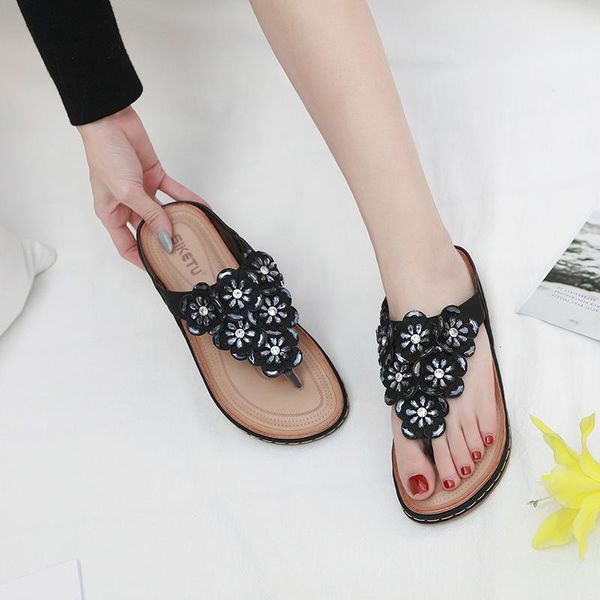 

rhinestone flip flops women's slippers 2021 summer flat shoes casual soft sandals female slip ons beach plus size 42, Black