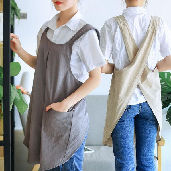 

aprons cotton linens apron for kitchen retro solid color strap pinafore with pocket baking accessories household master coffee bar