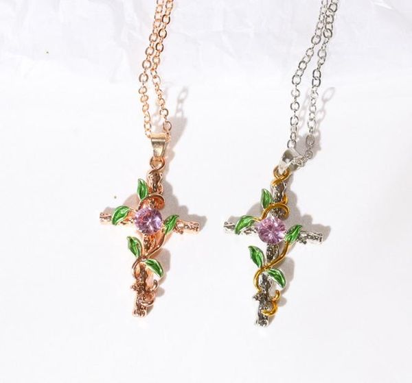 

creative women cross necklace fashion chain leaves wrapped rhinestone pendant jewelry necklaces, Silver