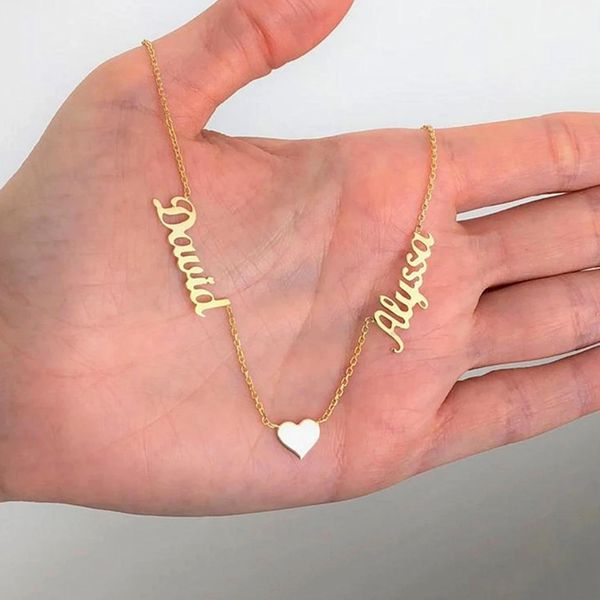 

custom heart two names necklaces for women gold silver color stainless steel chain female personalized pendant necklace jewelry