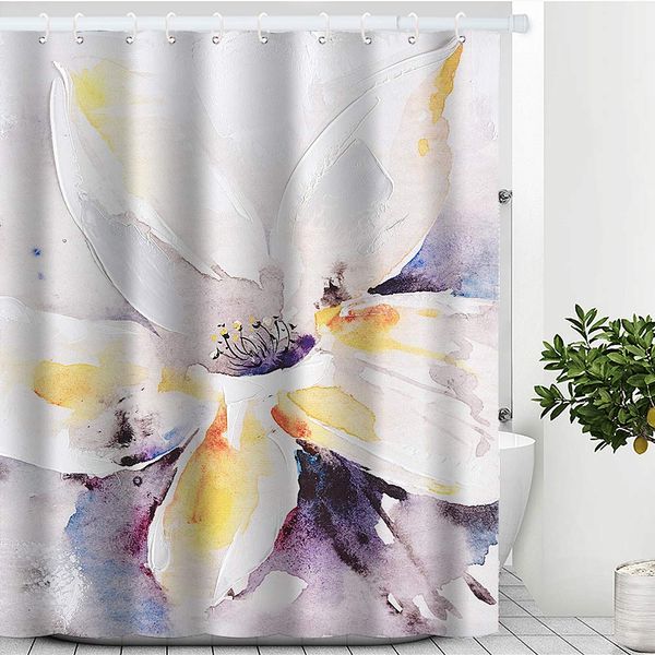 

white flowers shower curtain set waterproof polyester fabric with 12 hooks for bathroom (72x72 inch, flower 1)