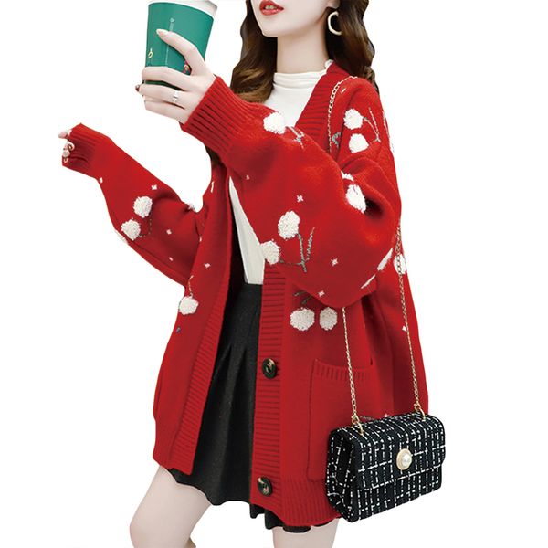 

qrwr 2021 sweater women spring autumn korean v ne single breasted oversized sweater elegant casual print knitted cardigan, Black;pink