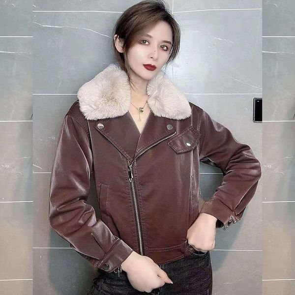

women's leather & faux womens autumn winter jacket korean style real fur collar thickening velvet short motorcycle coat slim high stree, Black