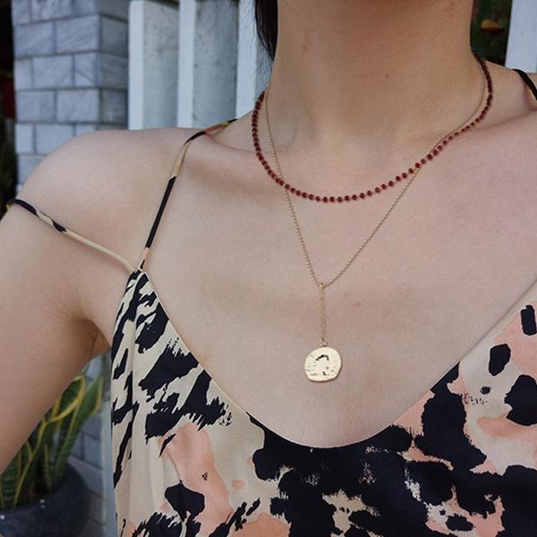 

pendant necklaces female double layer vintage gold carved coin portrait pendants necklace women red faceted glass crystal beads choker, Silver
