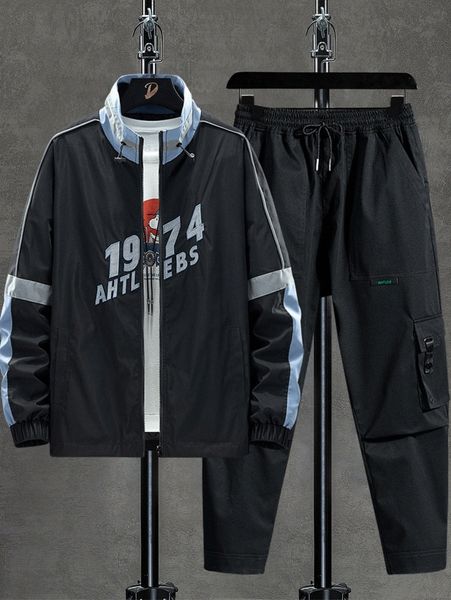 

men letter embroidered zipper front jacket & pants y0er#, Gray