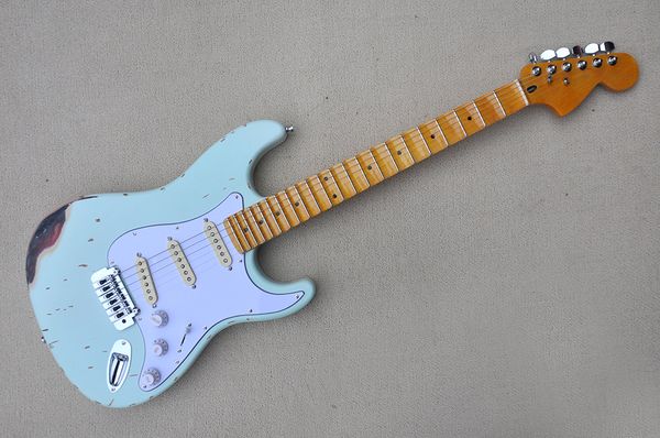 

factory custom light blue electric guitar with 2 ply paint,relic style body,scalloped neck,maple fretboard,can be customized