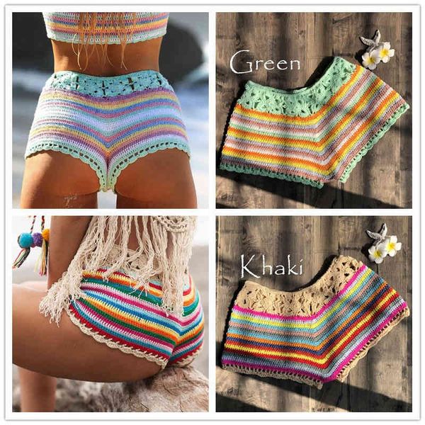 

colorful 2021 split women' striped hand hook bikini shorts knitted swimsuit, Red;black
