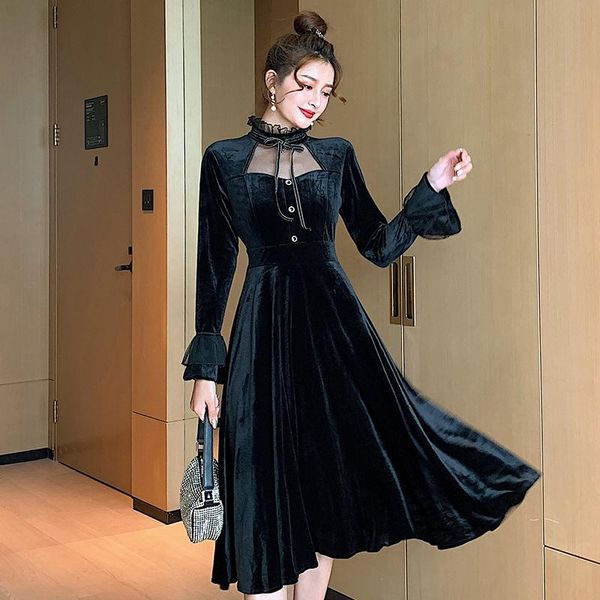 

casual dresses 2021 lace patchwork golden velvet dress women retro french black mexi vintage korean kawaii party slim, Black;gray