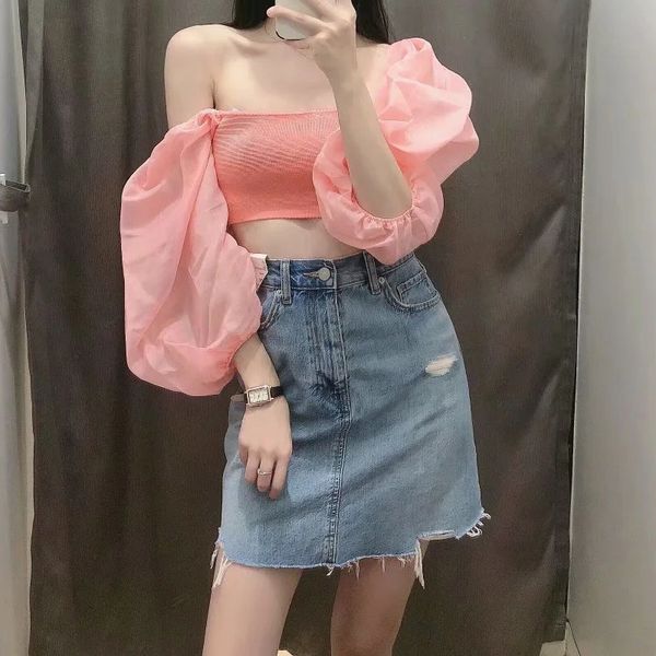 

women's polos za feminino doce moda cor sÃ³lida blusas vintage uma linha gola fora do ombro manga sopro organza chique curto s lojk, White