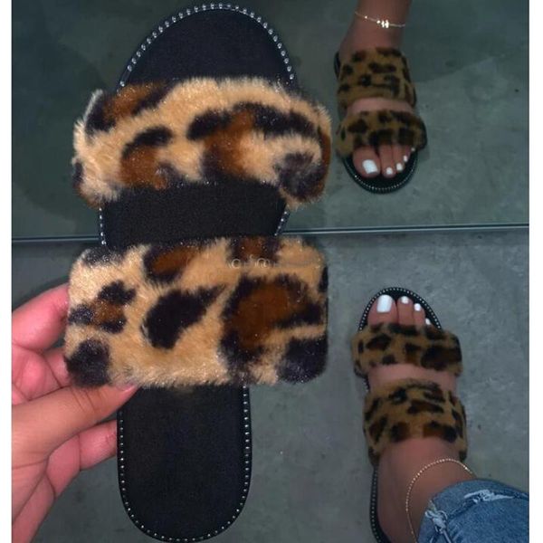 

slippers leopard fur women double band open toe flats slides non-slip cozy metal rivets round furry chinelos mulher, Black