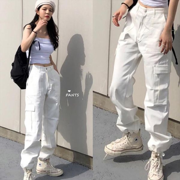 

fashion pocket black white women jeans streetwear high waist vintage loose harajuku denim pants cargo, Blue