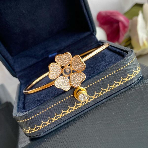 

bangle design full of zircons five leaf heart flower bracelet thin band fashion women wedding jewelry, Black