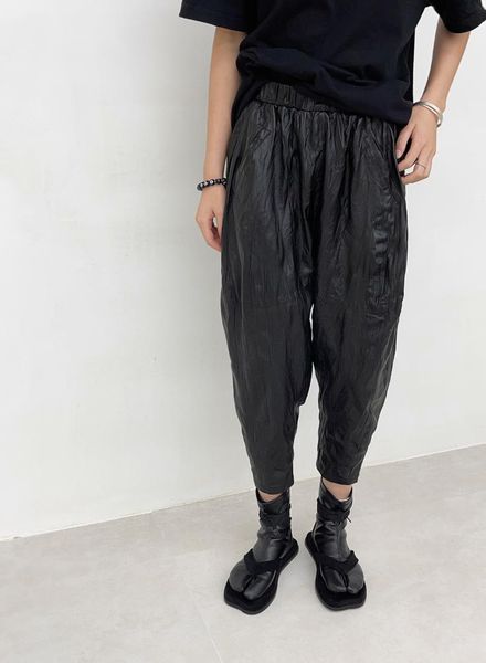 

women's pants & capris 2021 fall winter luxury design runway collection elastic waist 100% sheepskin genuine leather street style, Black;white