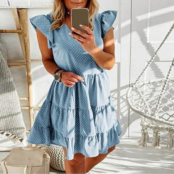 

casual dresses polka dots print dress women summer ruffle v-neck sleeve mini a-line boho bohemian sundress party vestidos female, Black;gray