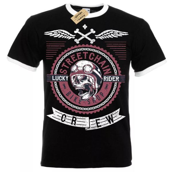 

Calle Cadena Motero Tienda Camiseta Rider Hombre Ringer, White;black