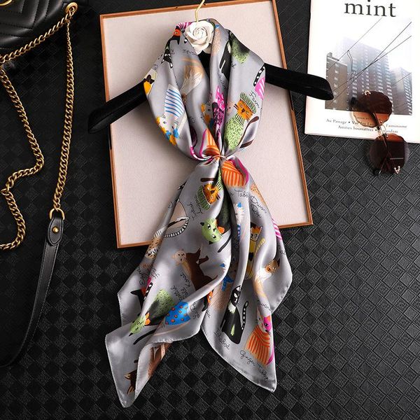 

scarves cartoon cat large square scarf 90*90cm ladies sunscreen silk career shawl turban neck neckerchief, Blue;gray