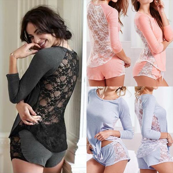 

casual loose long sleeve womens pants lace blouse short 2pcs sleepwear pajamas set, White
