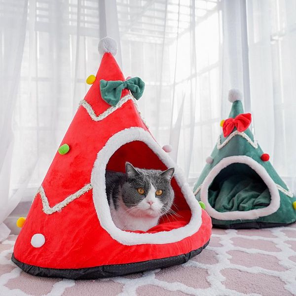 

christmas tree holiday dog camp house indoor cat room home bed products little small puppies animal cute green red with cushion kennels & pe