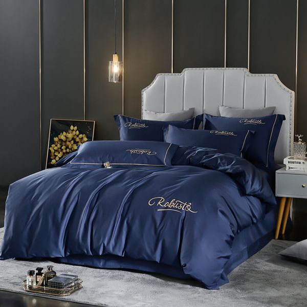 

nordic light luxury 80 thread long staple four piece set cotton simple embroidery pure color silky nude bedding