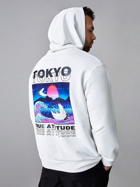 

extended sizes men drop shoulder letter & red-crowned crane pattern drawstring hoodie h7fm#, Black